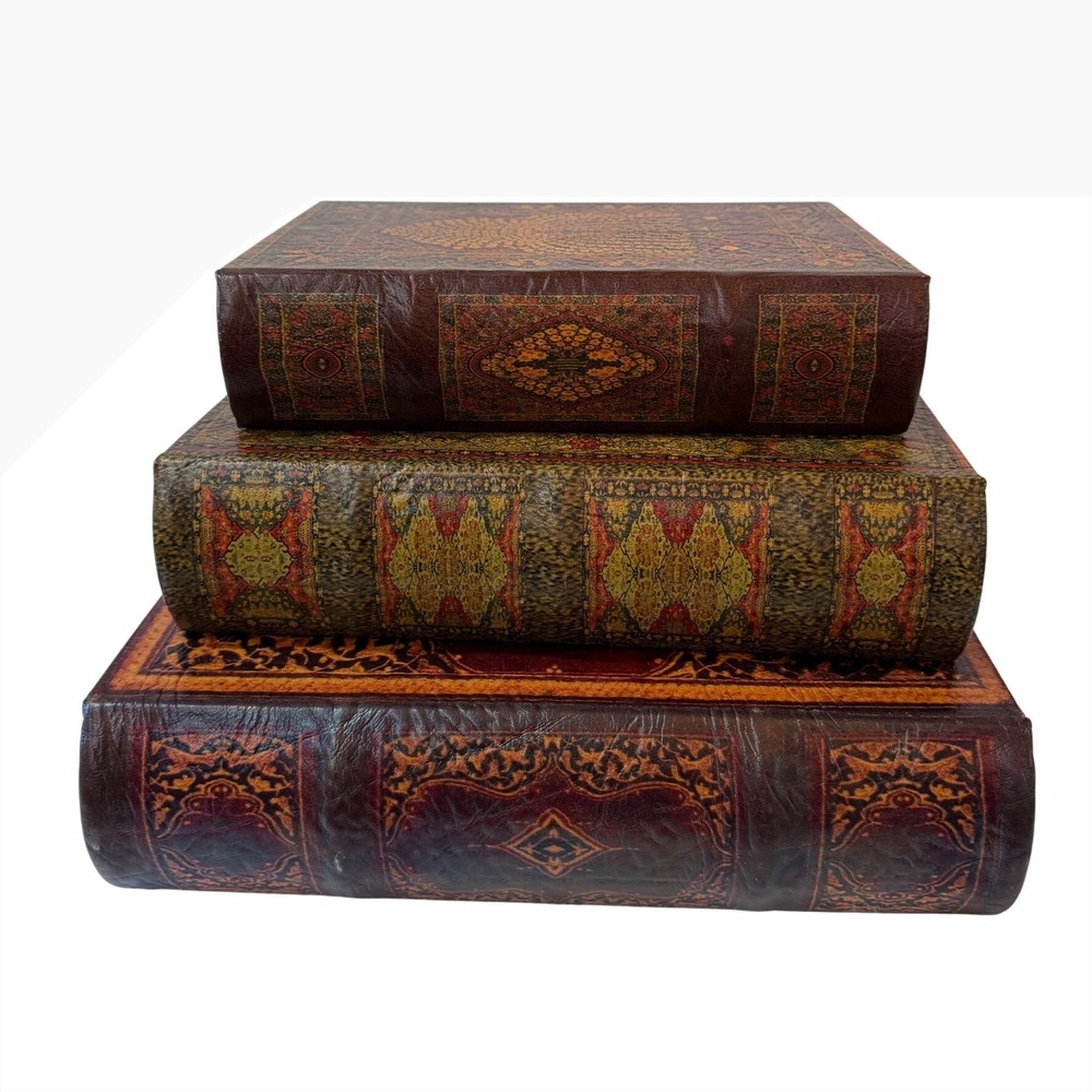 Vintage Style Faux Book Storage Box Set of 3 Nesting Tooled Leather Look Decor - Picture 2 of 12